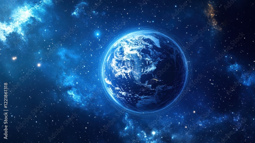 Fototapeta premium A stunning view of Earth surrounded by a vibrant blue cosmic backdrop, highlighting the beauty of our planet in the vastness of space.