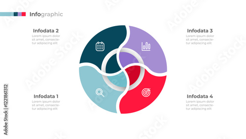 Circle pie chart rotate into 4 parts. Business infographic template with marketing icons and cycle concept. Vector illustration.