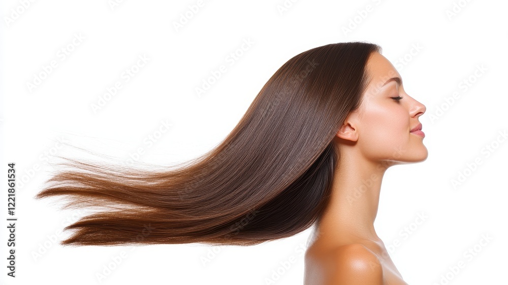 Smooth and Shiny Hair Flowing in Profile against a White Background Smooth and Shiny Hair Flowing in Profile against a White Background