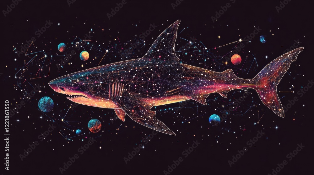 Fototapeta premium A cosmic shark swims through a starry galaxy, blending the depths of the ocean with the vastness of space.