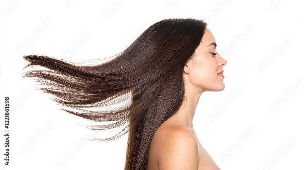 Naklejka premium Beautiful Young Woman with Long Hair Flowing in the Breeze