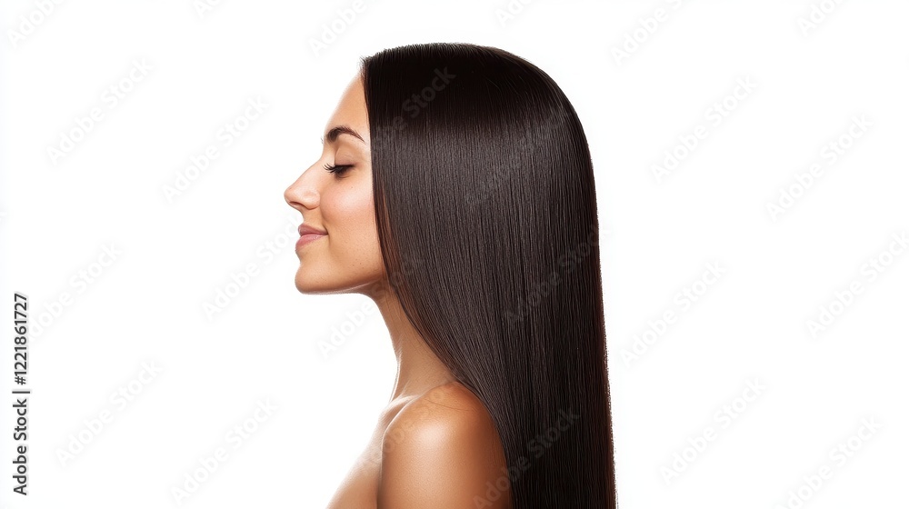 Elegant Profile of Woman with Long Straight Hair Against White Background Elegant Profile of Woman with Long Straight Hair Against White Background