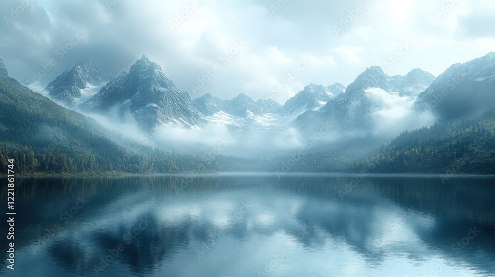 Fototapeta premium Serene Mountain Lake Landscape Misty Peaks Reflecting in Calm Water