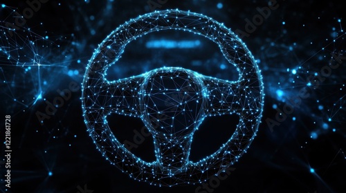A futuristic digital representation of a car steering wheel, composed of interconnected blue dots and lines against a dark background.