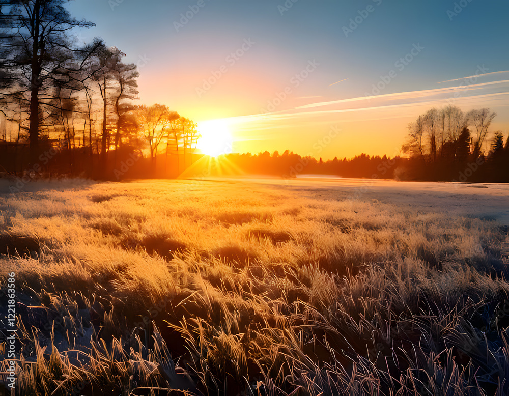 Fototapeta premium A serene winter landscape with snow-covered fields, bare trees, and a warm, glowing sunset. Peaceful and tranquil
