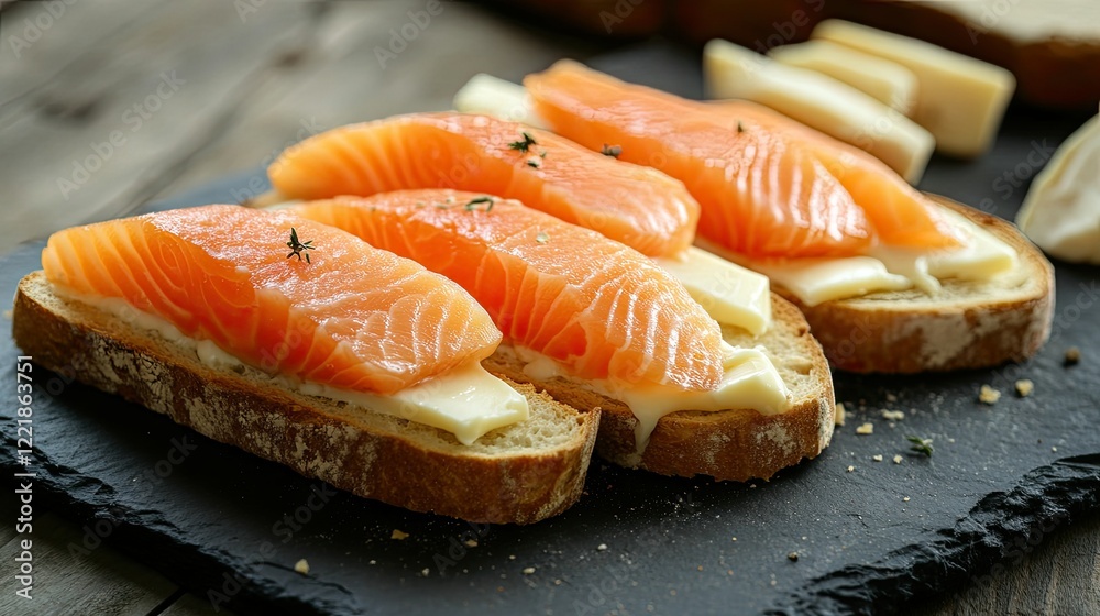 Freshly Sliced Salmon on Toast: A Delicious Culinary Presentation Featuring Salmon Fillets, Creamy Spread, and Rustic Bread on a Slate Platter Freshly Sliced Salmon on Toast: A Delicious Culinary Presentation Featuring Salmon Fillets, Creamy Spread, and Rustic Bread on a Slate Platter