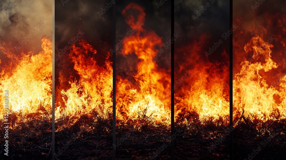 Fototapeta premium Fiery orange flames dramatically engulf dry brush intense heat vibrant burning. AI Generated