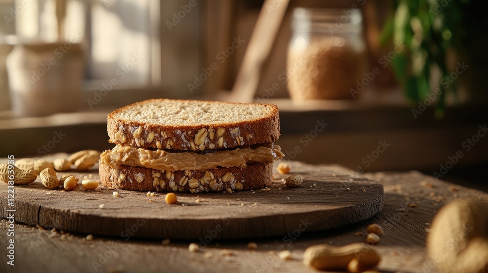 Deliciously Crafted Peanut Butter Sandwich with Oats on Rustic Wooden Surface Surrounded by Fresh Peanuts and Natural Light Streaming Through Window Deliciously Crafted Peanut Butter Sandwich with Oats on Rustic Wooden Surface Surrounded by Fresh Peanuts and Natural Light Streaming Through Window