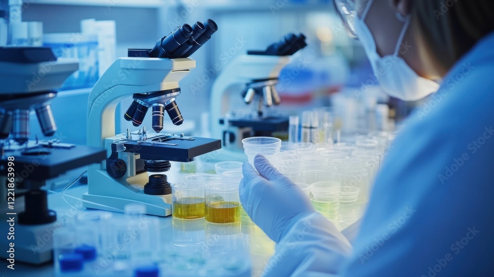 A biomedical scientist preparing samples for analysis in a lab, with microscopes and petri dishes around, Biomedical lab scene A biomedical scientist preparing samples for analysis in a lab, with microscopes and petri dishes around, Biomedical lab scene