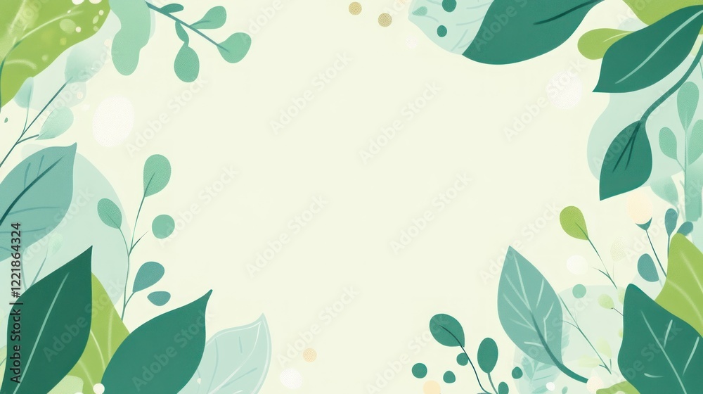 Green leaves and branches frame a pale background