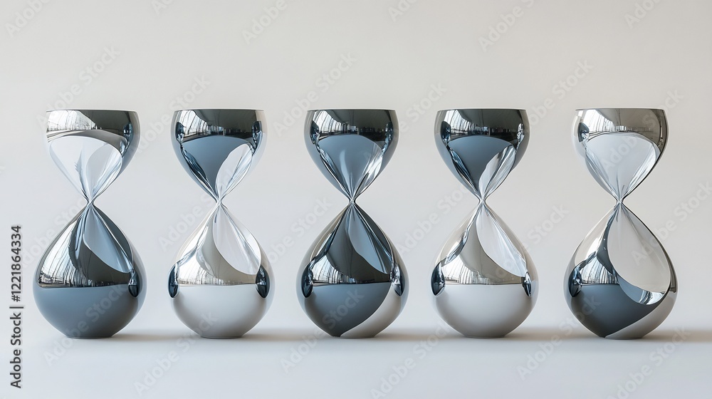 Fototapeta premium Five sleek hourglasses elegantly arranged reflect soft light. AI Generated
