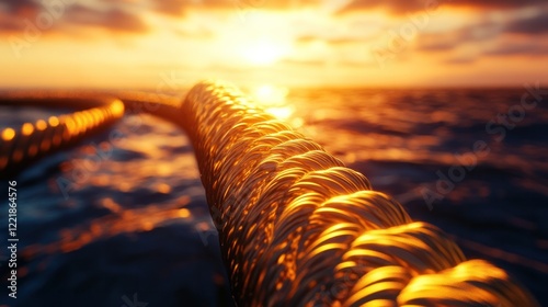 Breathtaking sunset view over the calm reflective sea with a wooden pier extending into the horizon  Vibrant orange and yellow hues fill the sky creating a serene and picturesque coastal landscape