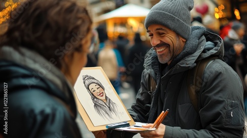 A street artist drawing a caricature of a happy couple on Valentines Day
