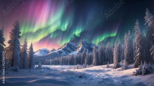 A serene winter forest blanketed in snow, with towering pine trees and the aurora borealis dancing across the starry night sky.