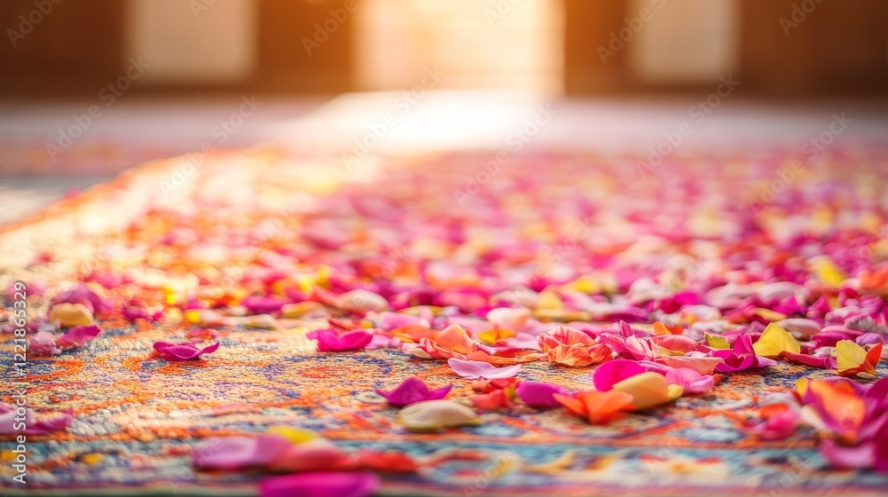 Obraz premium Scattered Rose Petals on Carpet, Soft Light, Romance, Celebration