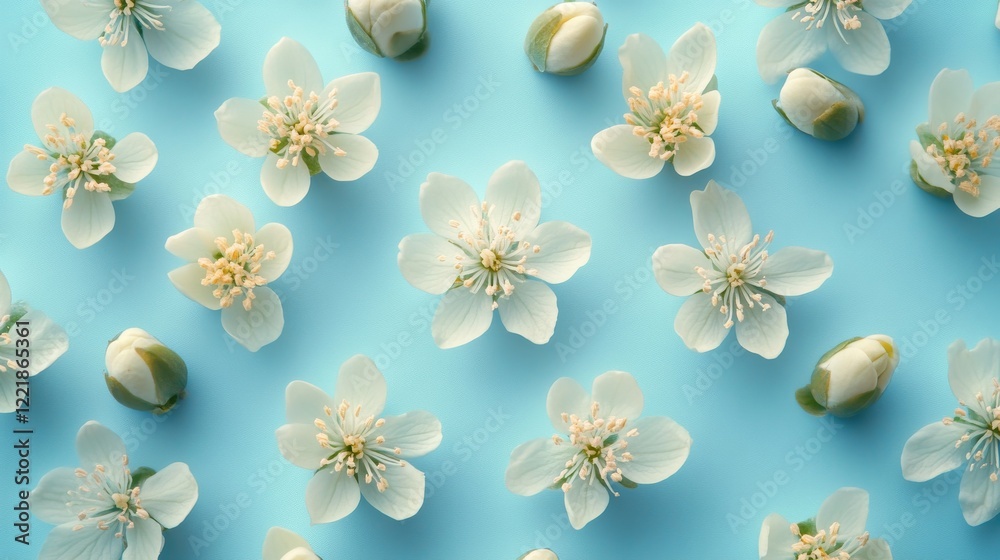 Obraz premium Delicate white blossoms arranged on a light blue background