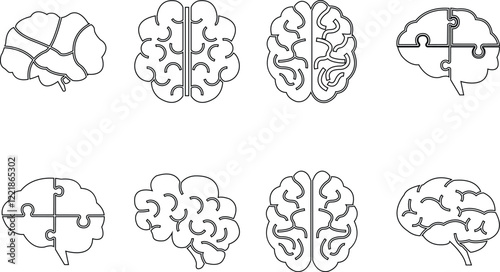 Human internal organ anatomy brain con Set. Brain mental healthcare sign collection flat and line vector isolated on transparent background. Science symbol skin layer intestine linear Pictogram.
