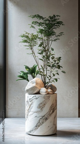 a plant in a vase with rocks and a plant in it photo