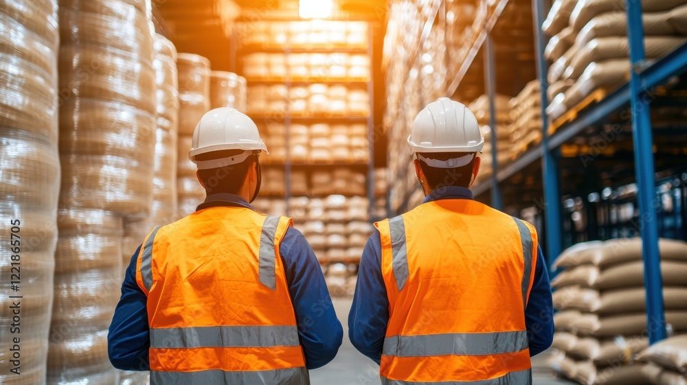 Fototapeta premium Workers in Orange Vests Overseeing Industrial Material Handling in Factory