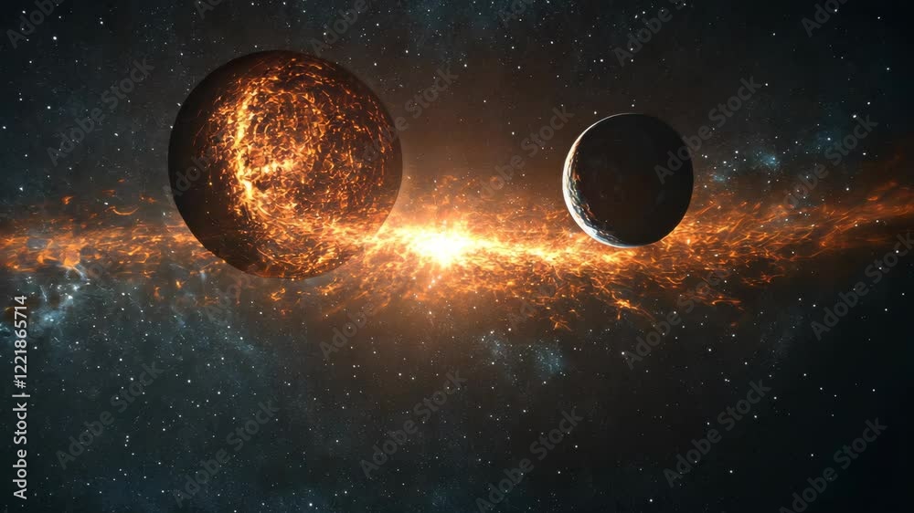 Cosmic collision between two celestial bodies illuminated by a fiery explosion in the vastness of space Cosmic collision between two celestial bodies illuminated by a fiery explosion in the vastness of space