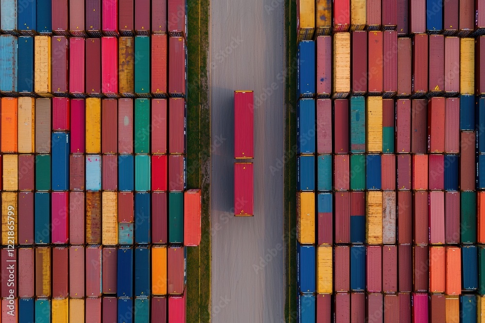Fototapeta premium Stacked Containers in a Storage Yard with Vibrant Colors and Clear Pathway