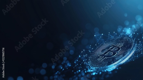 A digital representation of a Bitcoin, surrounded by a blue glow and abstract particles, symbolizing cryptocurrency and blockchain technology. photo