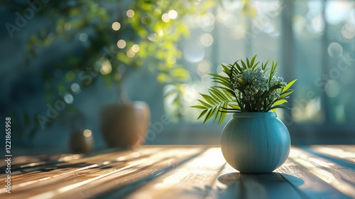 a small plant in a vase on a table photo