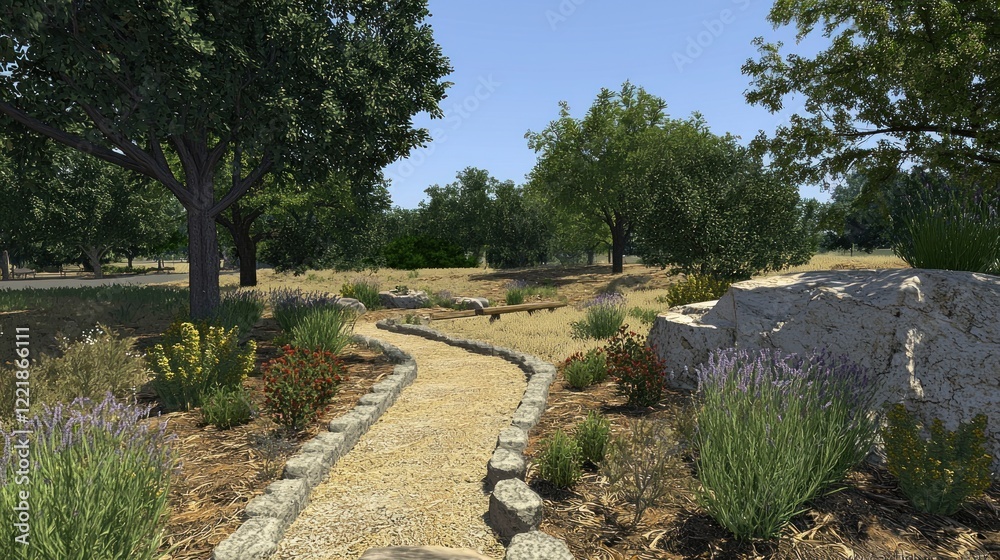 Park pathway design, stone border, landscaping, sunny day, render Park pathway design, stone border, landscaping, sunny day, render