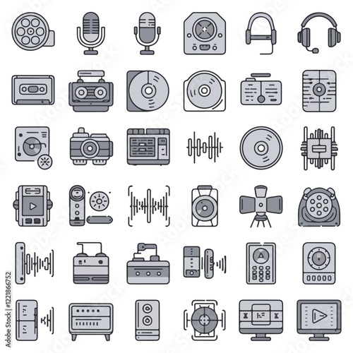 Audio video icon set. Set of 30 outline icons related to movie, micro, setup, microphone. Linear icon collection. Audio video outline icons collection. Editable stroke. Vector illustration