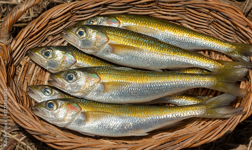 Fototapeta premium Freshly caught fish in a woven basket, ready for cooking or market