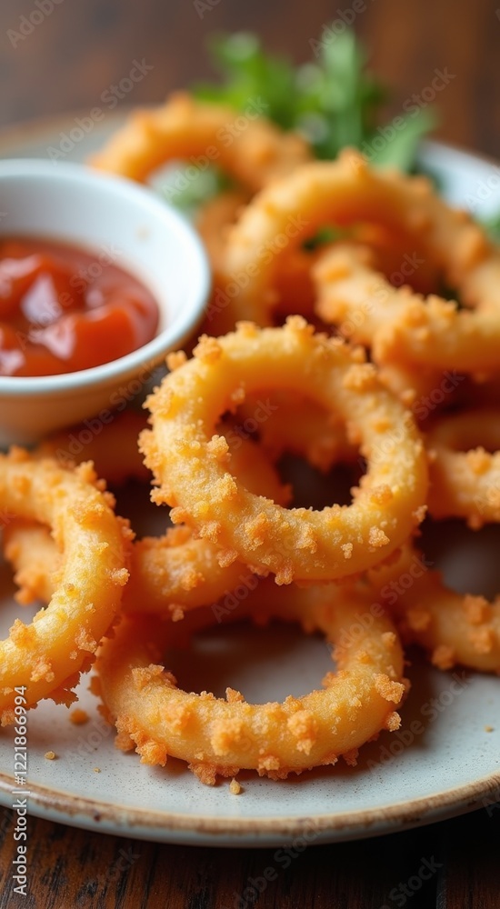 Plate of onion rings and a bowl of ketchup Plate of onion rings and a bowl of ketchup