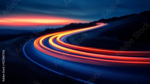 Winding Road Light Trails Sunset Landscape