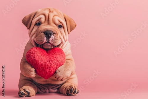 Cute chinese shar-pei pup with fluffy red heart - symbol of love, funny greeting card. Chinese shar-pei - my treasured dog. Marketing conceptual art artwork idea. Puppy valentine's moments. photo