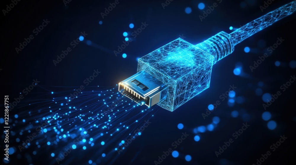 Naklejka premium A futuristic depiction of a glowing Ethernet cable with data flowing, symbolizing connectivity and digital communication.