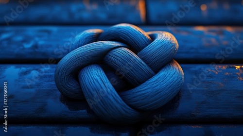 Knotted and twisted blue ropes in a decorative spiral pattern creating an abstract textured background with a soft focus  The intricate woven design evokes a sense of connection elegance photo