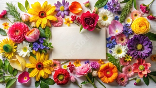 Creative Floral Layout for Spring Greeting Cards, Colorful Nature Background with Leaves and Flowers, Trendy Decorative Design for Floral Arrangements and Nature Concepts