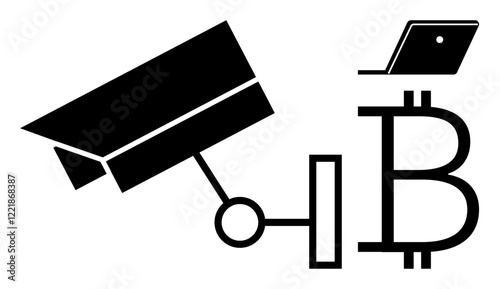 Black silhouettes of a surveillance camera, cryptocurrency symbol, and laptop convey digital security. Ideal for themes including cybersecurity, technology, blockchain, privacy, finance, monitoring