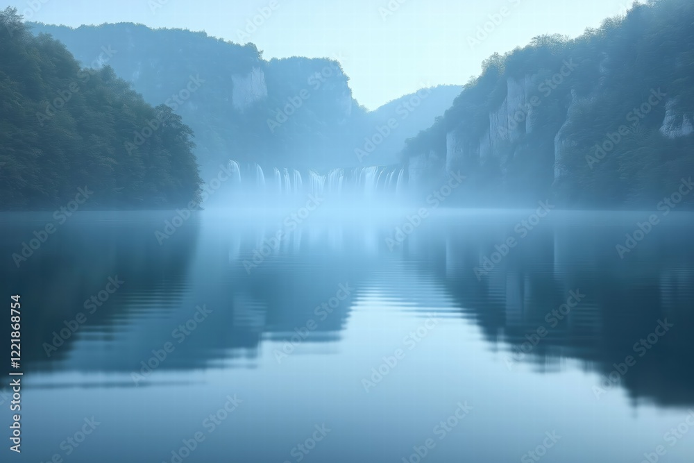 Fototapeta premium Misty morning over a serene lake surrounded by mountains and waterfalls at dawn