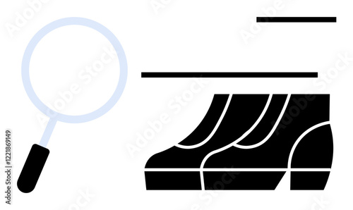 Magnifying glass pointed at a pair of shoes, emphasizing close examination. Ideal for inspection, quality control, scrutiny, investigation, analysis, attention to detail precision. Abstract line