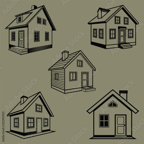 Simple Black and White House Illustrations on Olive Green Background