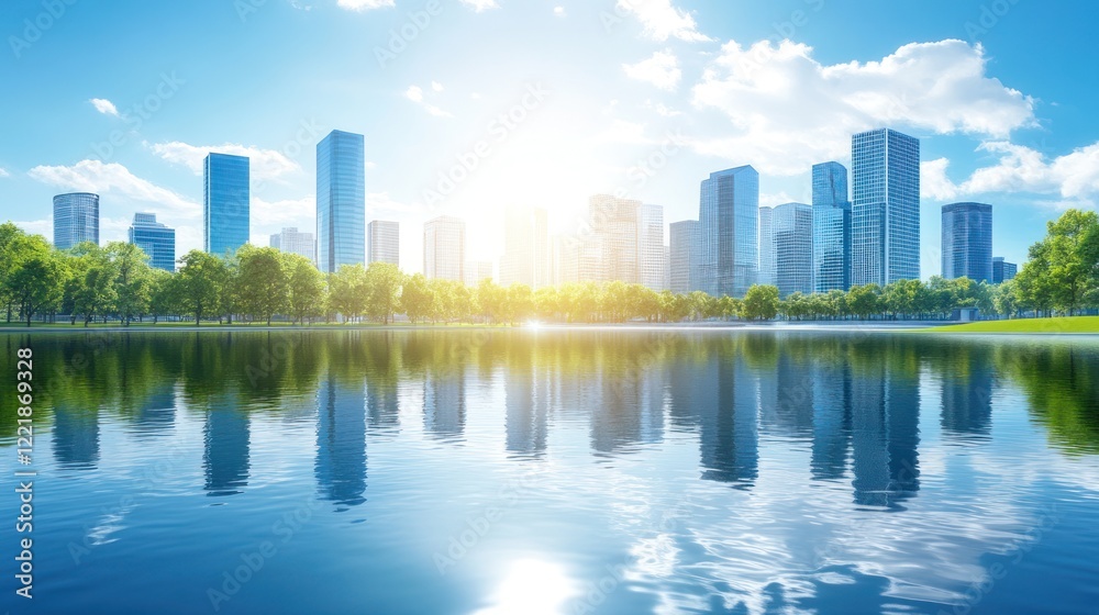 Obraz premium Modern City Skyline Reflected in Tranquil Water