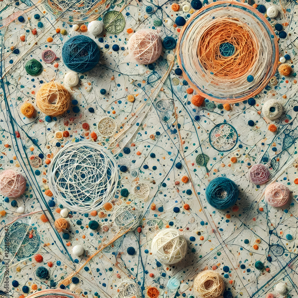 Varied yarn balls and scattered dots create a textured and colorful abstract composition Varied yarn balls and scattered dots create a textured and colorful abstract composition