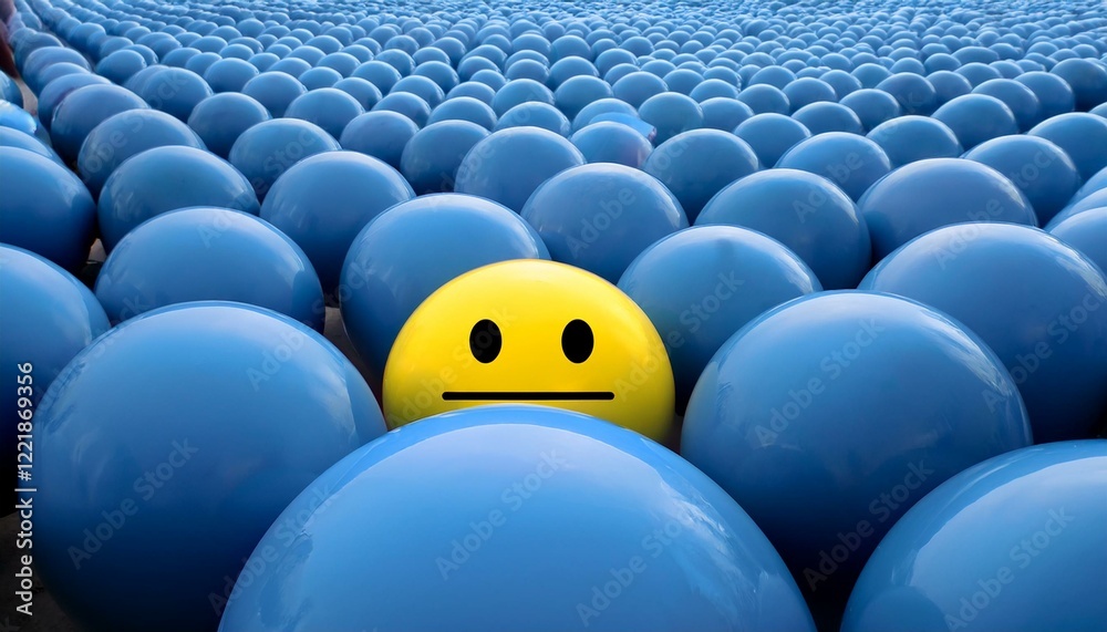 Obraz premium One yellow ball stands out among many blue balls.