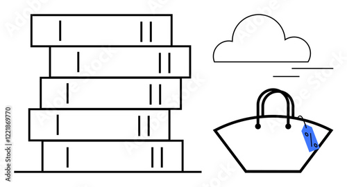 Shopping bag with price tag beside a stack of books and a cloud icon. Ideal for online shopping, education, e-commerce, retail, book sales, cloud technology, digital learning. Black blue abstract