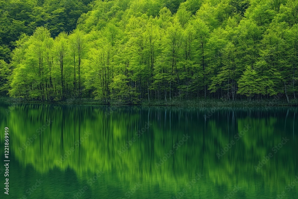 Lush green forest reflected in calm water amidst serene natural landscape Lush green forest reflected in calm water amidst serene natural landscape
