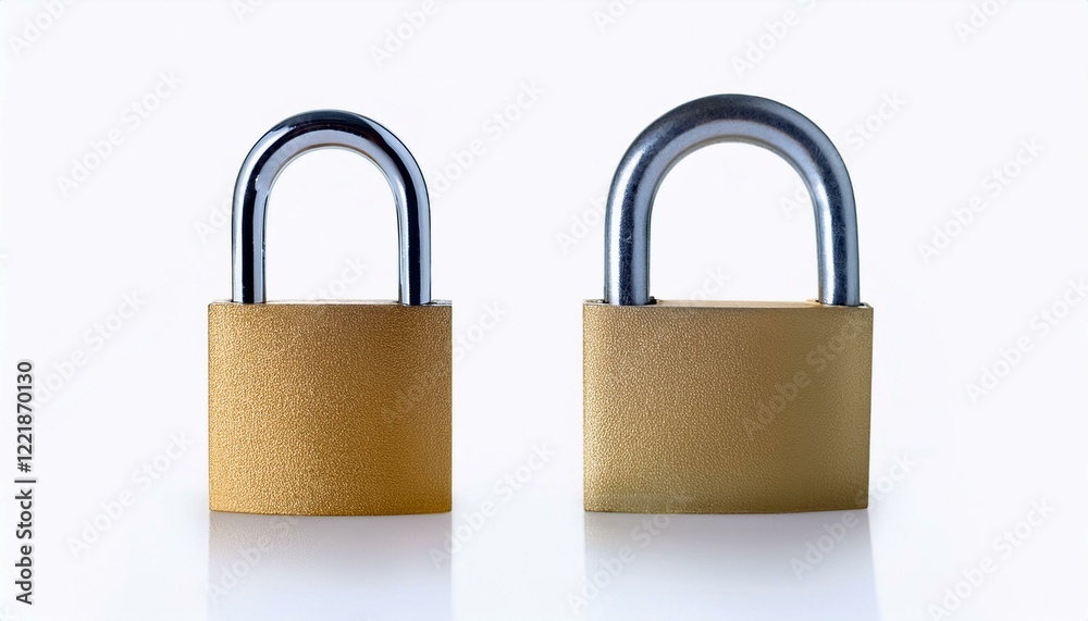 Two gold padlocks side-by-side on white background. Two gold padlocks side-by-side on white background.