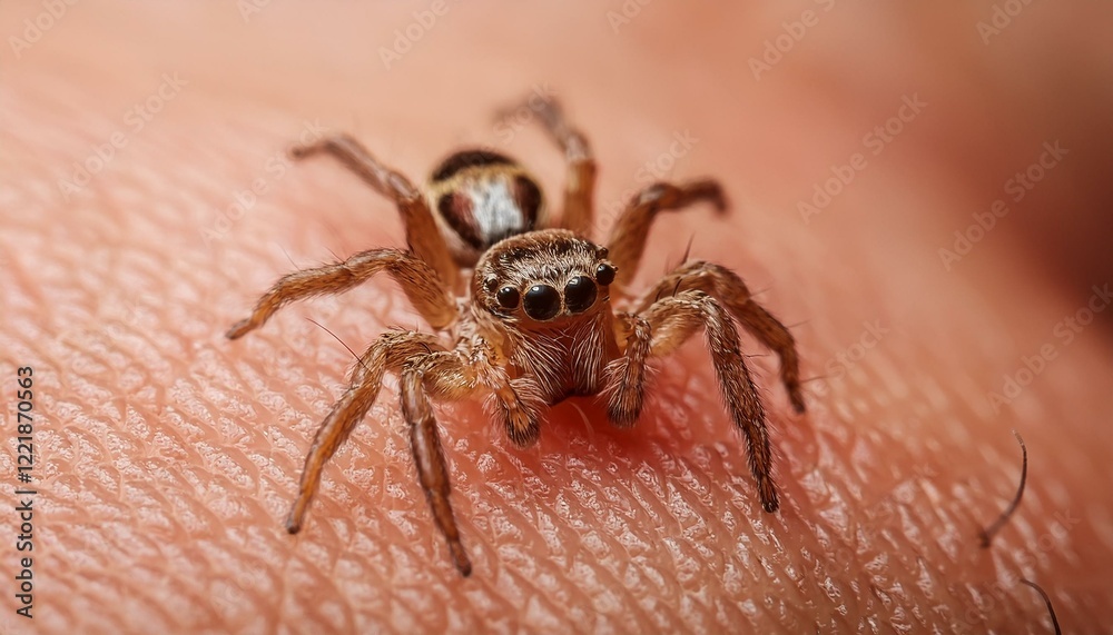 Close-up of a small jumping spider on human skin. Close-up of a small jumping spider on human skin.