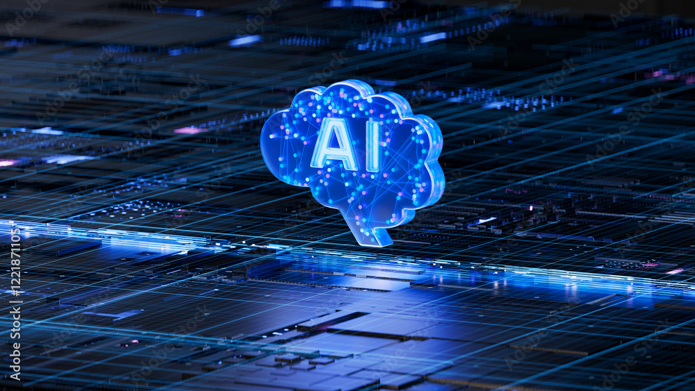 AI brain on circuit board symbolizes intelligence and technology integration. 3d rendering, conceptual image.
