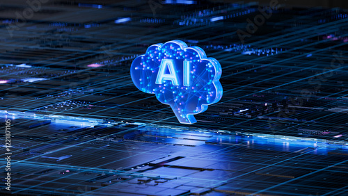 Obraz na płótnie AI brain on circuit board symbolizes intelligence and technology integration. 3d rendering, conceptual image. w salonie