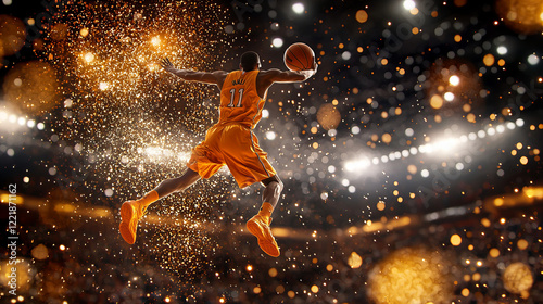 Dynamic basketball player leaps for a dunk in a vibrant arena during a night game